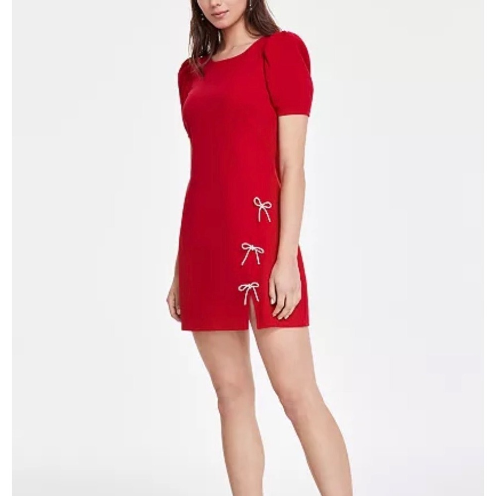 NEW Crystal Doll Women's Deep Red Scoop-Neck Puff-Sleeve Embellished Bow Dress L